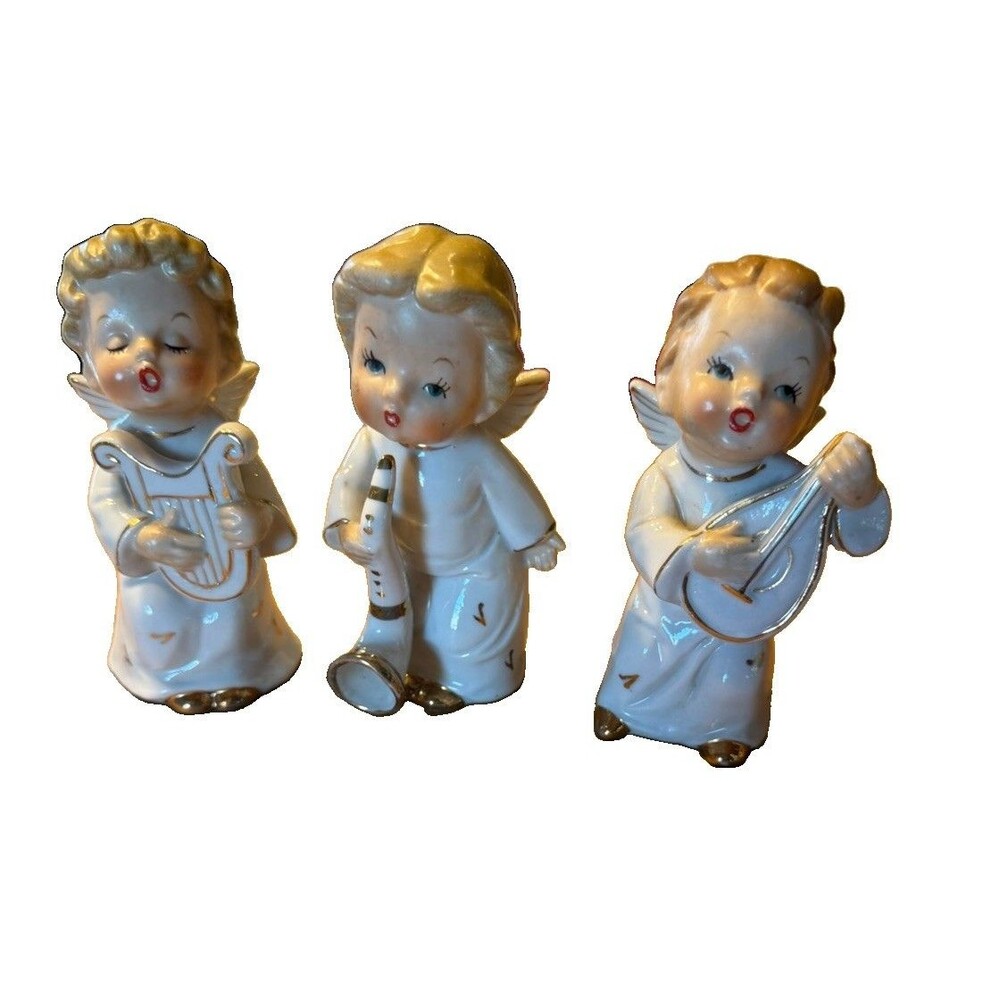 VINTAGE WALES, CERAMIC Set OF 3 ANGELS, MADE IN JAPAN,MCM,kitsch,